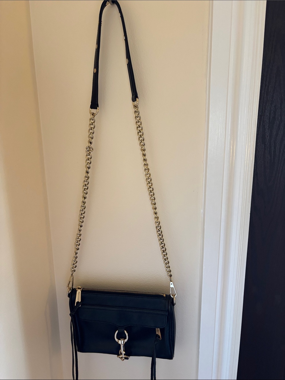Black Leather Crossbody Bag with Gold Chain Strap